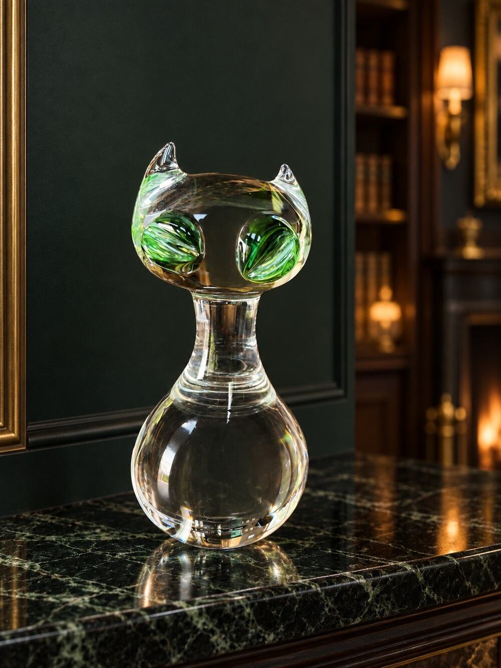 Vintage Clear Art Glass Cat Figurine Green Eyes MCM Sculpture Paperweight 4.25"